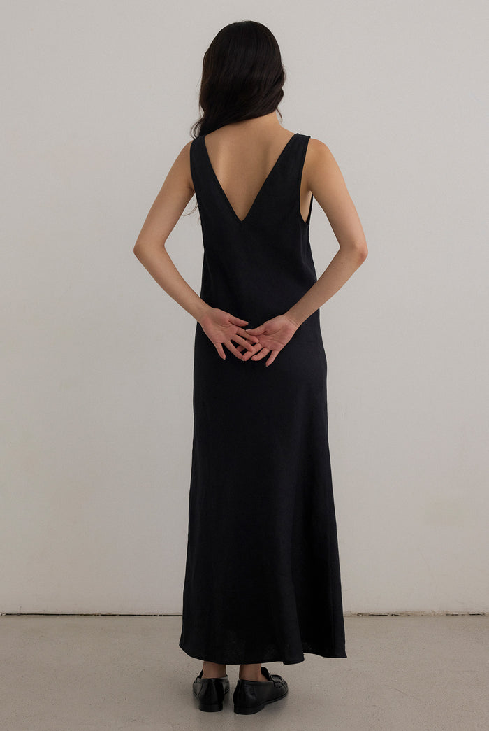 BIAS CUT LINEN DRESS - BLACK
