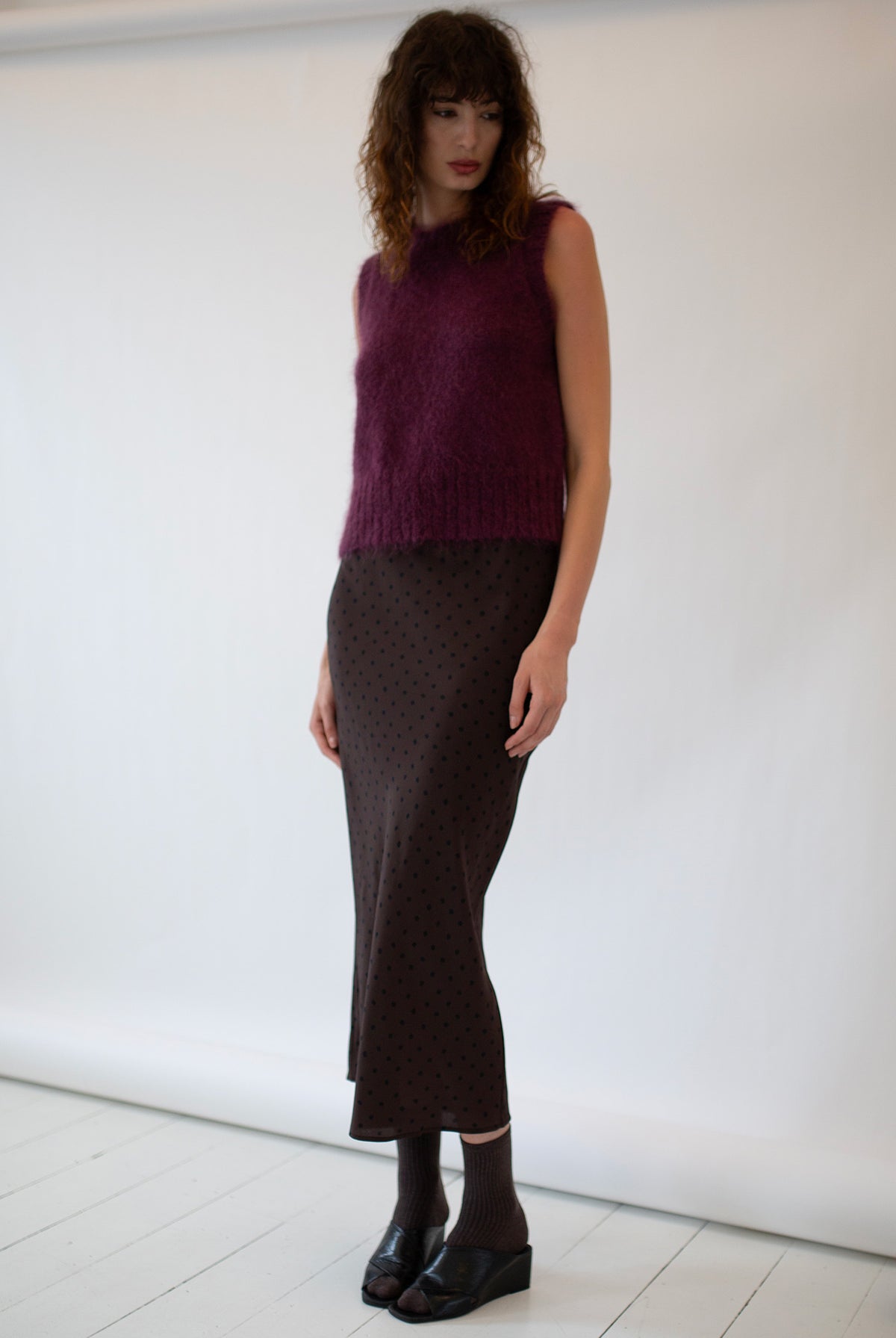 POLKA DOT BIAS CUT SILK SKIRT - CACAO