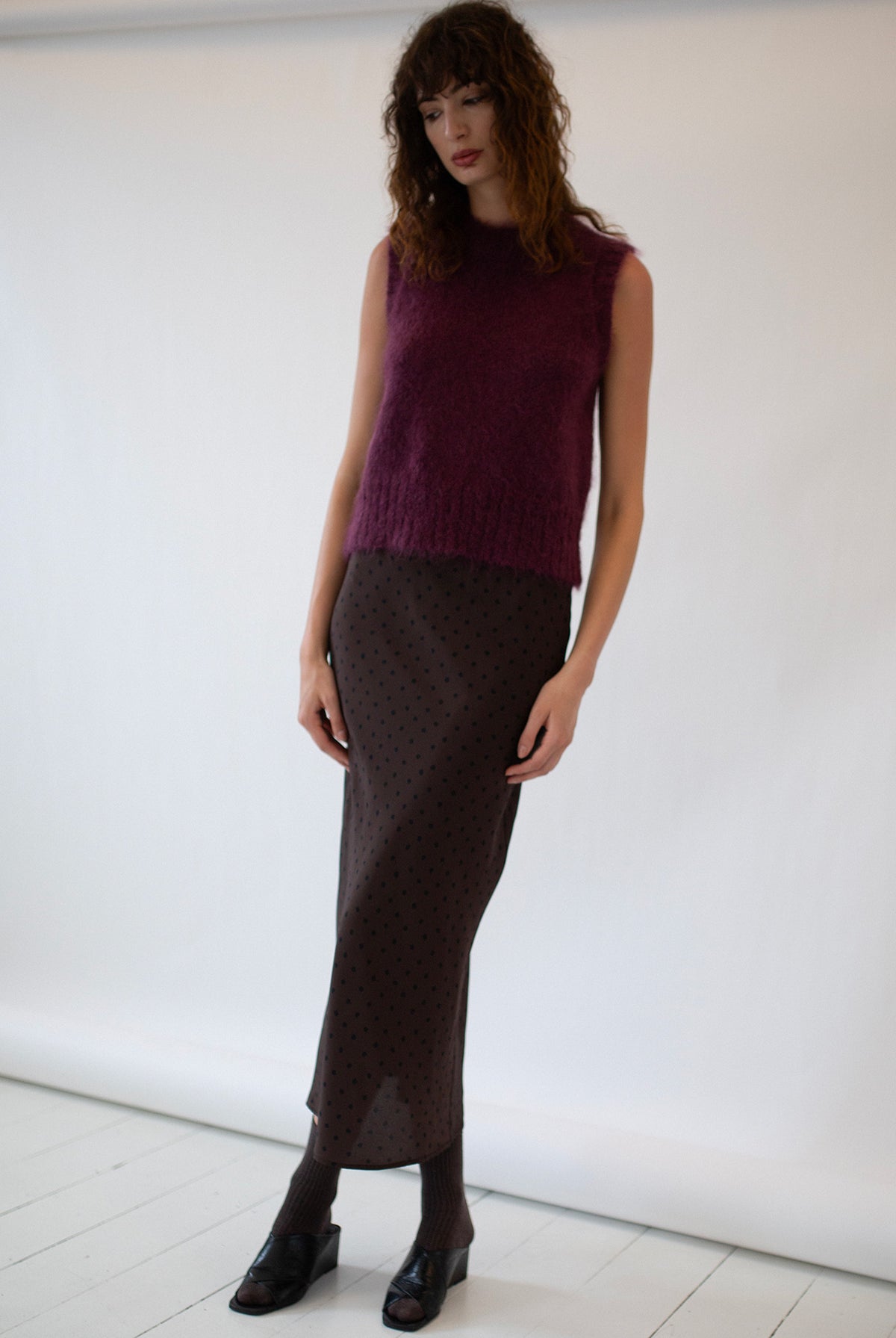 POLKA DOT BIAS CUT SILK SKIRT - CACAO