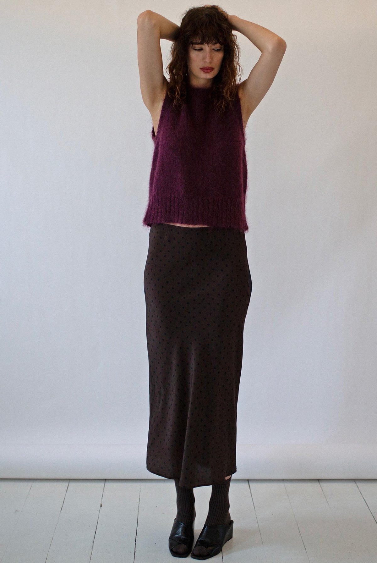 POLKA DOT BIAS CUT SILK SKIRT - CACAO