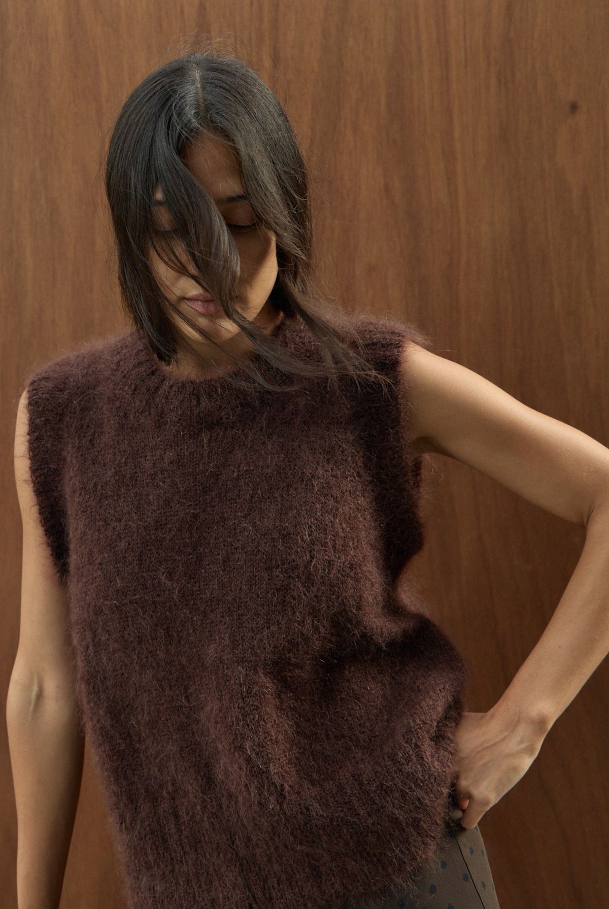 SOL MOHAIR WOOL KNIT VEST - CACAO